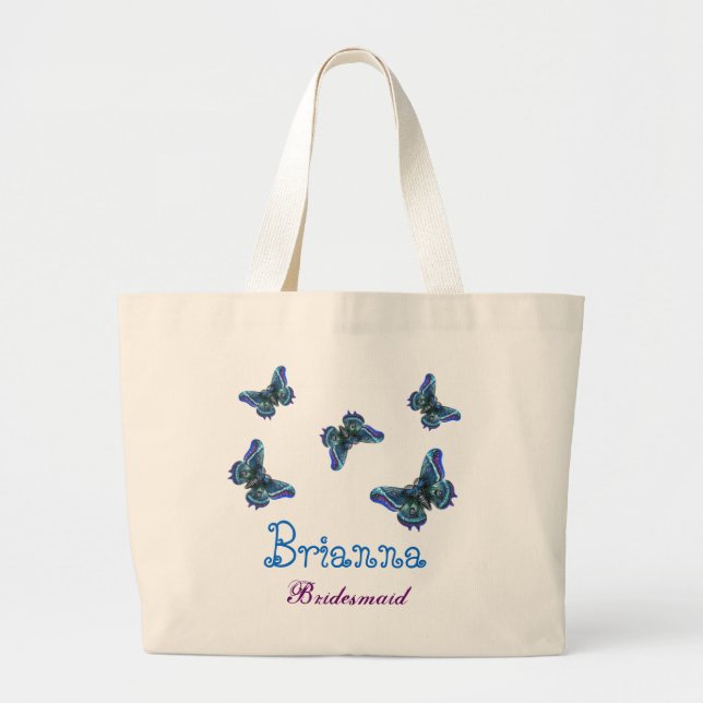 Blue Butterfly Personalized Name Bridesmaid Large Tote Bag (Front)