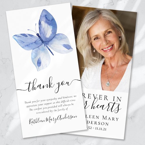 Blue Butterfly Photo Funeral Thank You Card