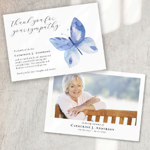 Blue Butterfly Photo Sympathy Funeral Memorial Thank You Card