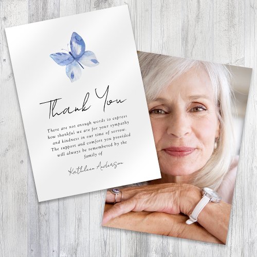 Blue Butterfly Photo Sympathy Funeral  Thank You Card