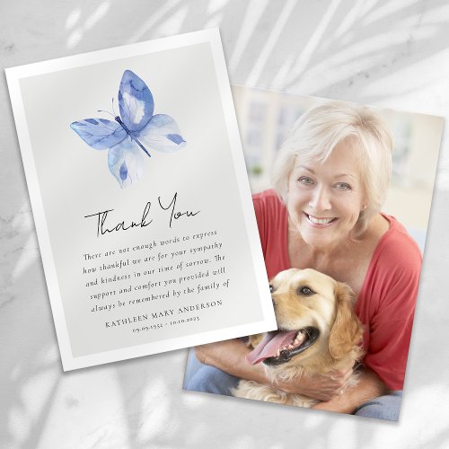 Blue Butterfly Photo Sympathy Funeral Thank You Card