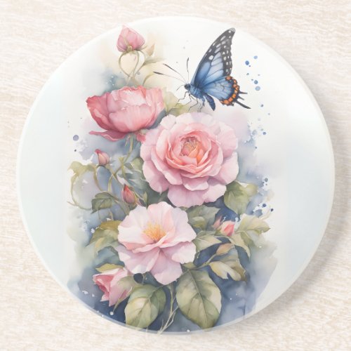 Blue Butterfly Pink Flowers Watercolor Artwork Coaster
