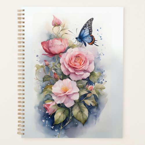 Blue Butterfly Pink Flowers Watercolor Artwork Planner