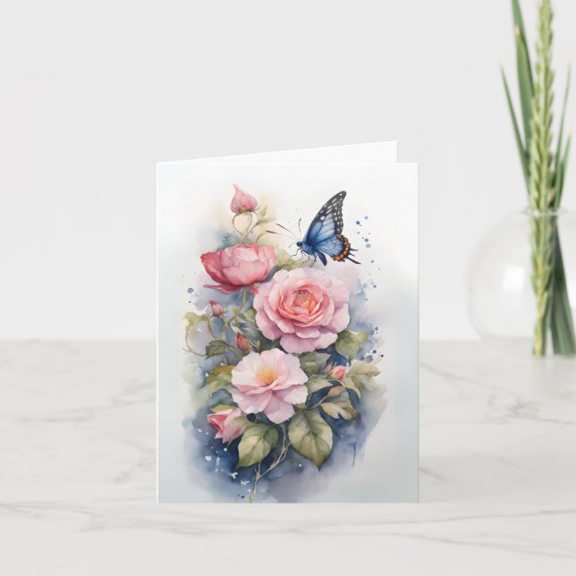 Blue Butterfly Pink Flowers Watercolor Blank  Card (Front)