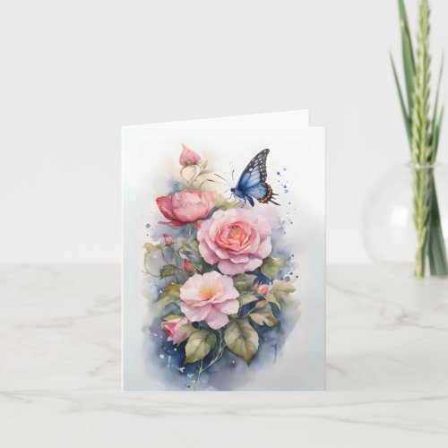 Blue Butterfly Pink Flowers Watercolor Blank  Card