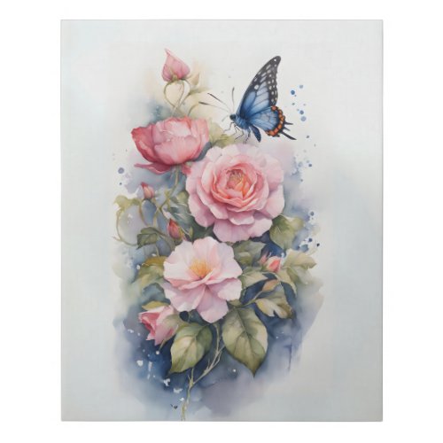 Blue Butterfly Pink Flowers Watercolor  Faux Canvas Print