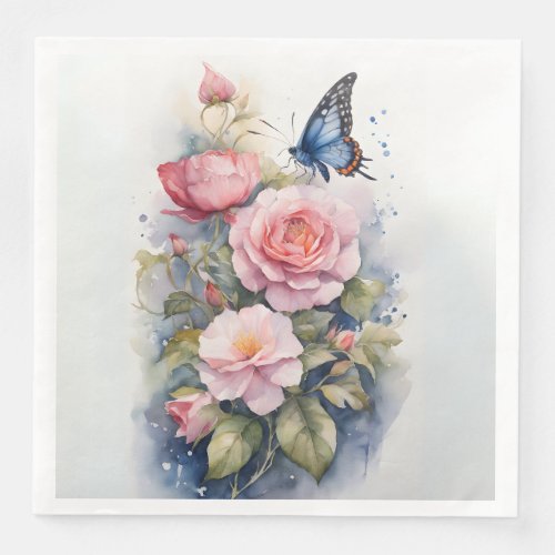Blue Butterfly Pink Flowers Watercolor  Paper Dinner Napkins