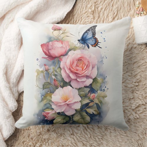Blue Butterfly Pink Flowers Watercolor  Throw Pillow