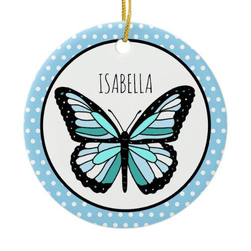 Blue Butterfly Polka Dot Personalized Christmas  Ceramic Ornament