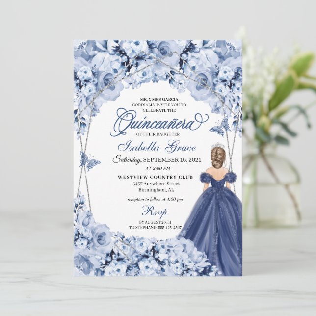 Blue Butterfly Princess Tiara Gown Quinceañera Invitation (Standing Front)