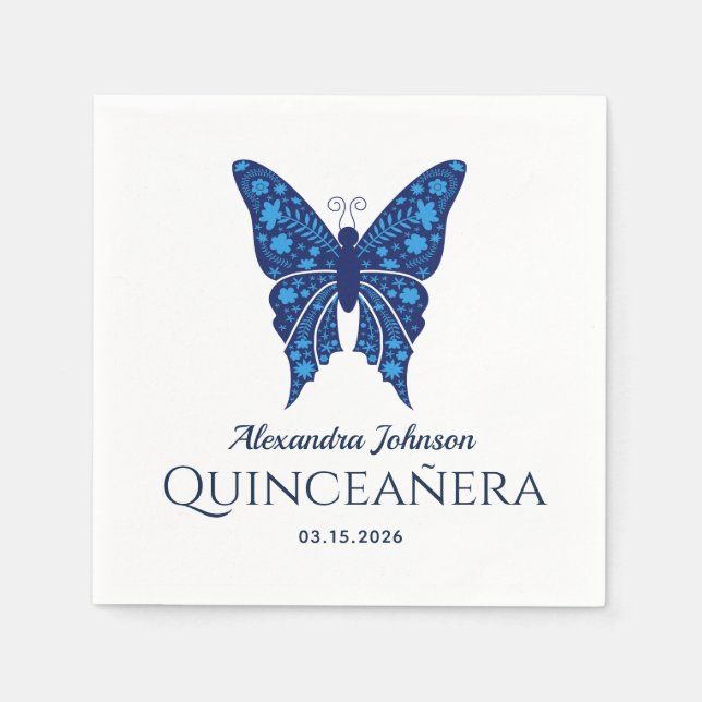 Blue Butterfly Quinceañera Napkins (Front)