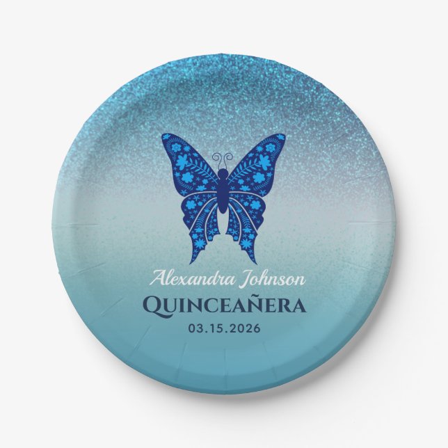 Blue Butterfly Quinceañera Paper Plates (Front)