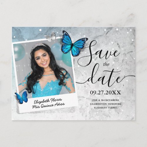 Blue Butterfly Quinceanera Photo Save the Date Announcement Postcard