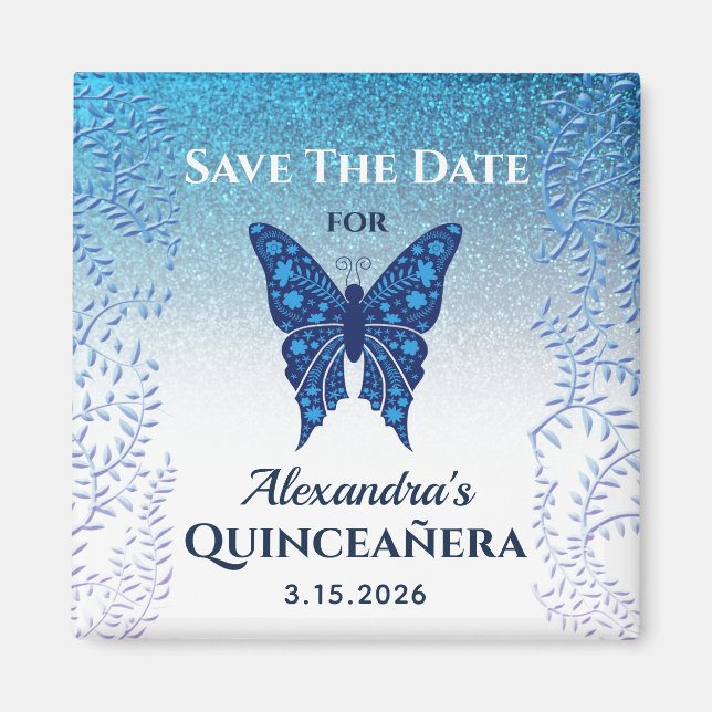 Blue Butterfly Quinceañera Save the Date Magnet (Front)