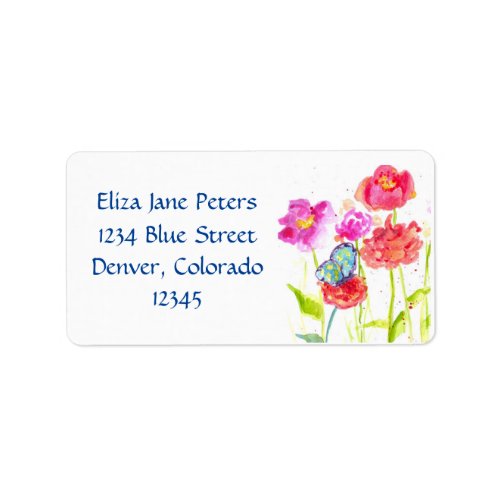 Blue Butterfly Red Poppy Watercolor Flowers Label