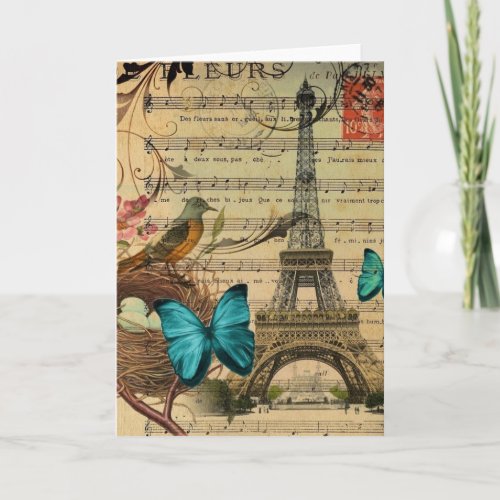Blue butterfly Robin bird nest Paris Eiffel Tower Card