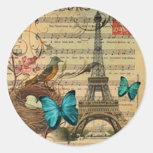 Blue butterfly Robin bird nest Paris Eiffel Tower Classic Round Sticker