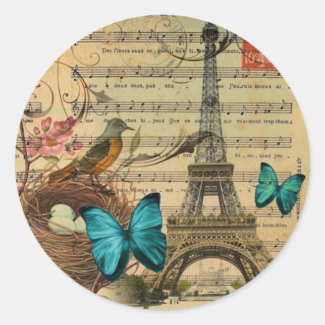 Blue butterfly Robin bird nest Paris Eiffel Tower Classic Round Sticker (Front)