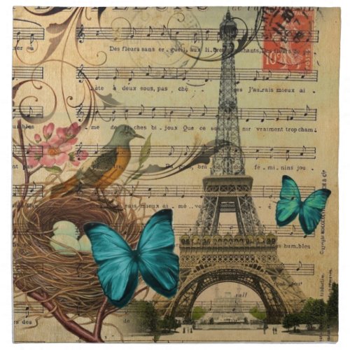 Blue butterfly Robin bird nest Paris Eiffel Tower Cloth Napkin