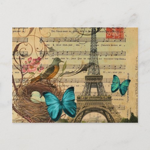 Blue butterfly Robin bird nest Paris Eiffel Tower Postcard
