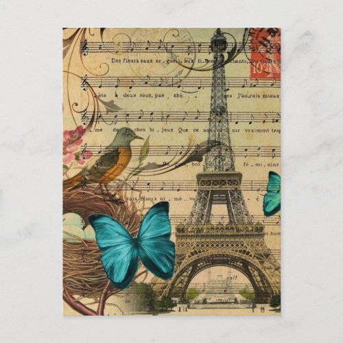 Blue butterfly Robin bird nest Paris Eiffel Tower Postcard