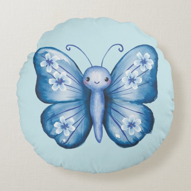 Blue Butterfly Round Pillow (Front)