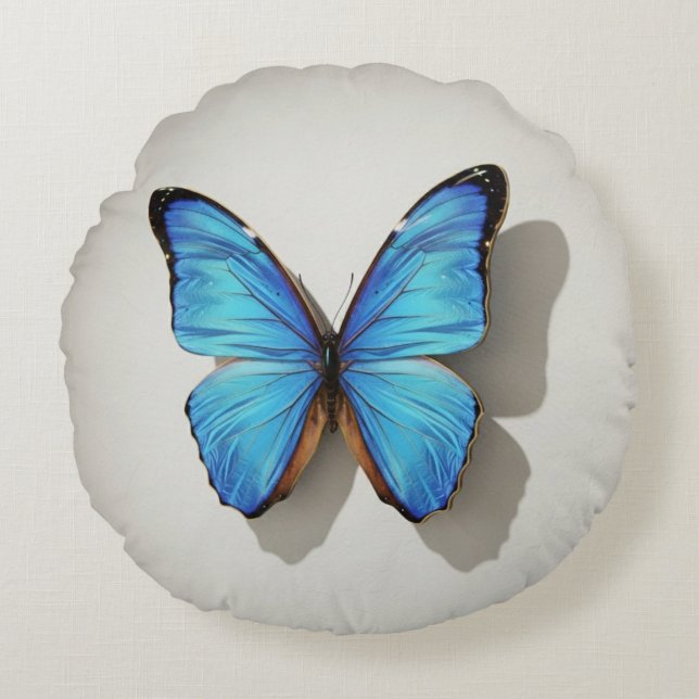 Blue Butterfly Round Pillow Nature Inspired Decor (Front)