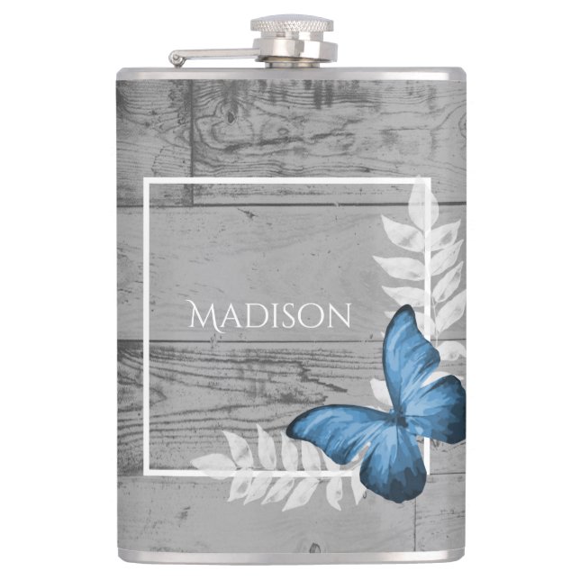 Blue Butterfly Rustic Flask (Front)