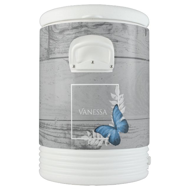 Blue Butterfly Rustic Personalized Beverage Cooler (Left)