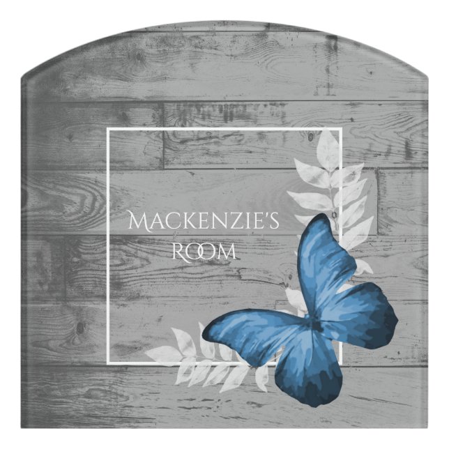 Blue Butterfly Rustic Personalized Door Sign (Contour Front)