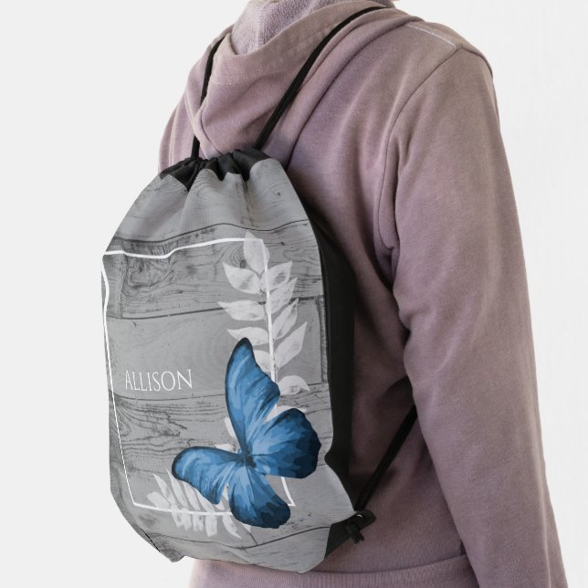 Blue Butterfly Rustic Personalized Drawstring Bag (Insitu)