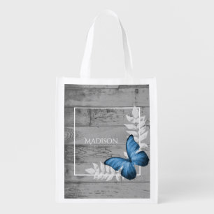Blue Butterfly Rustic Personalized Grocery Bag