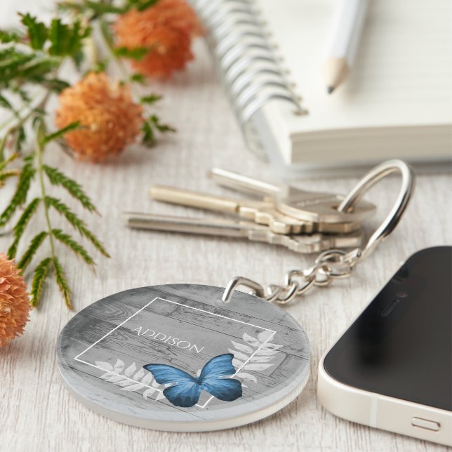 Blue Butterfly Rustic Personalized Keychain (Front Right)