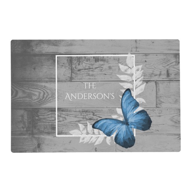 Blue Butterfly Rustic Personalized Placemat (Front)
