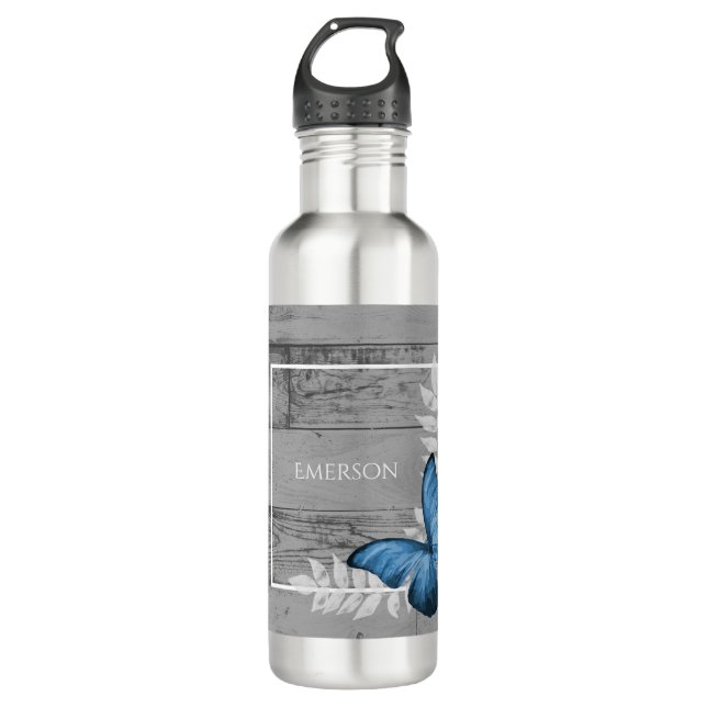 Blue Butterfly Rustic Personalized Stainless Steel Water Bottle (Front)