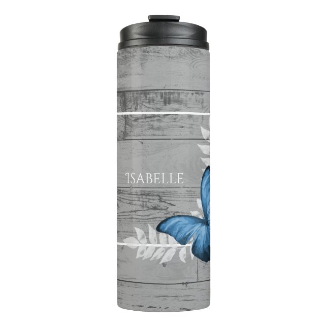 Blue Butterfly Rustic Personalized Thermal Tumbler (Front)