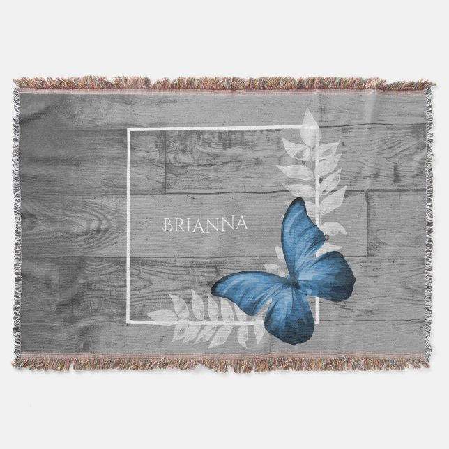 Blue Butterfly Rustic Personalized Throw Blanket (Front)