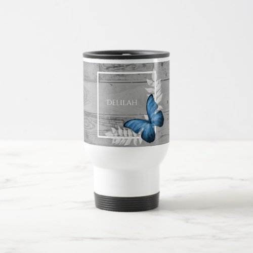 Blue Butterfly Rustic Personalized Travel Mug