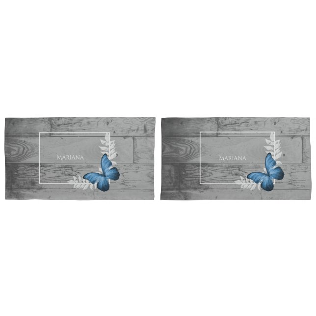 Blue Butterfly Rustic Pillow Case (Front-Set)