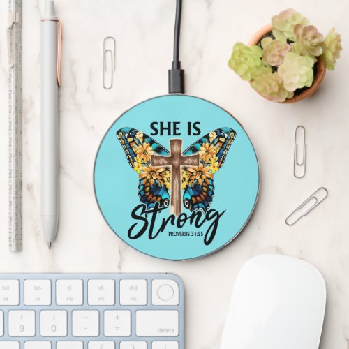 Blue Butterfly She is Strong Scripture Wireless Charger