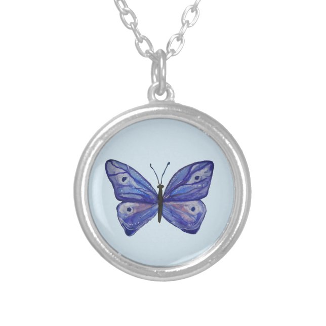 Blue Butterfly  Silver Plated Round Necklace (Front)