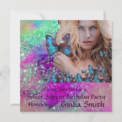BLUE BUTTERFLY SWEET 16 PARTY  MONOGRAMChampagne Invitation