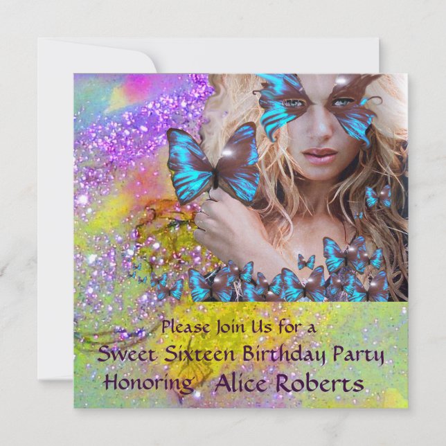 BLUE BUTTERFLY SWEET 16 PARTY  MONOGRAM,Champagne Invitation (Front)