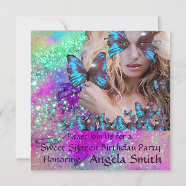 BLUE BUTTERFLY SWEET 16 PARTY  MONOGRAM,Champagne Invitation (Front)