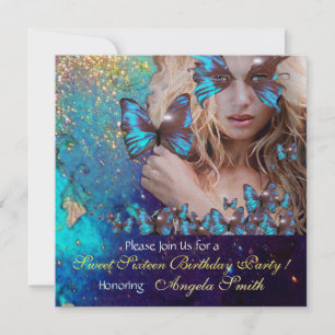 BLUE BUTTERFLY SWEET 16 PARTY  MONOGRAM,GOLD INVITATION