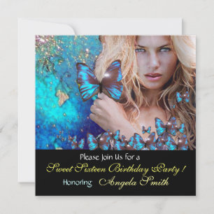 BLUE BUTTERFLY SWEET 16 PARTY MONOGRAM,GOLD INVITATION