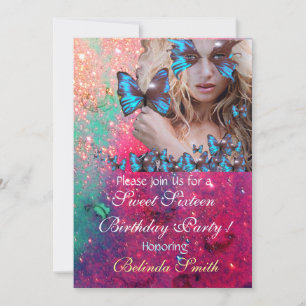 BLUE BUTTERFLY SWEET 16 PARTY  MONOGRAM,GOLD INVITATION
