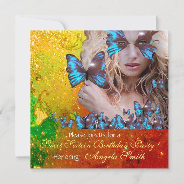 BLUE BUTTERFLY SWEET 16 PARTY  MONOGRAM,GOLD INVITATION (Front)