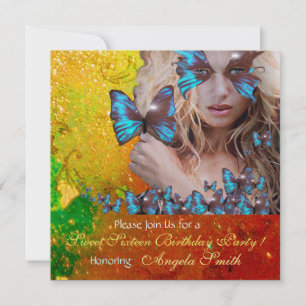 BLUE BUTTERFLY SWEET 16 PARTY  MONOGRAM,GOLD INVITATION
