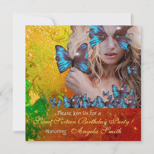 BLUE BUTTERFLY SWEET 16 PARTY  MONOGRAMGOLD INVITATION